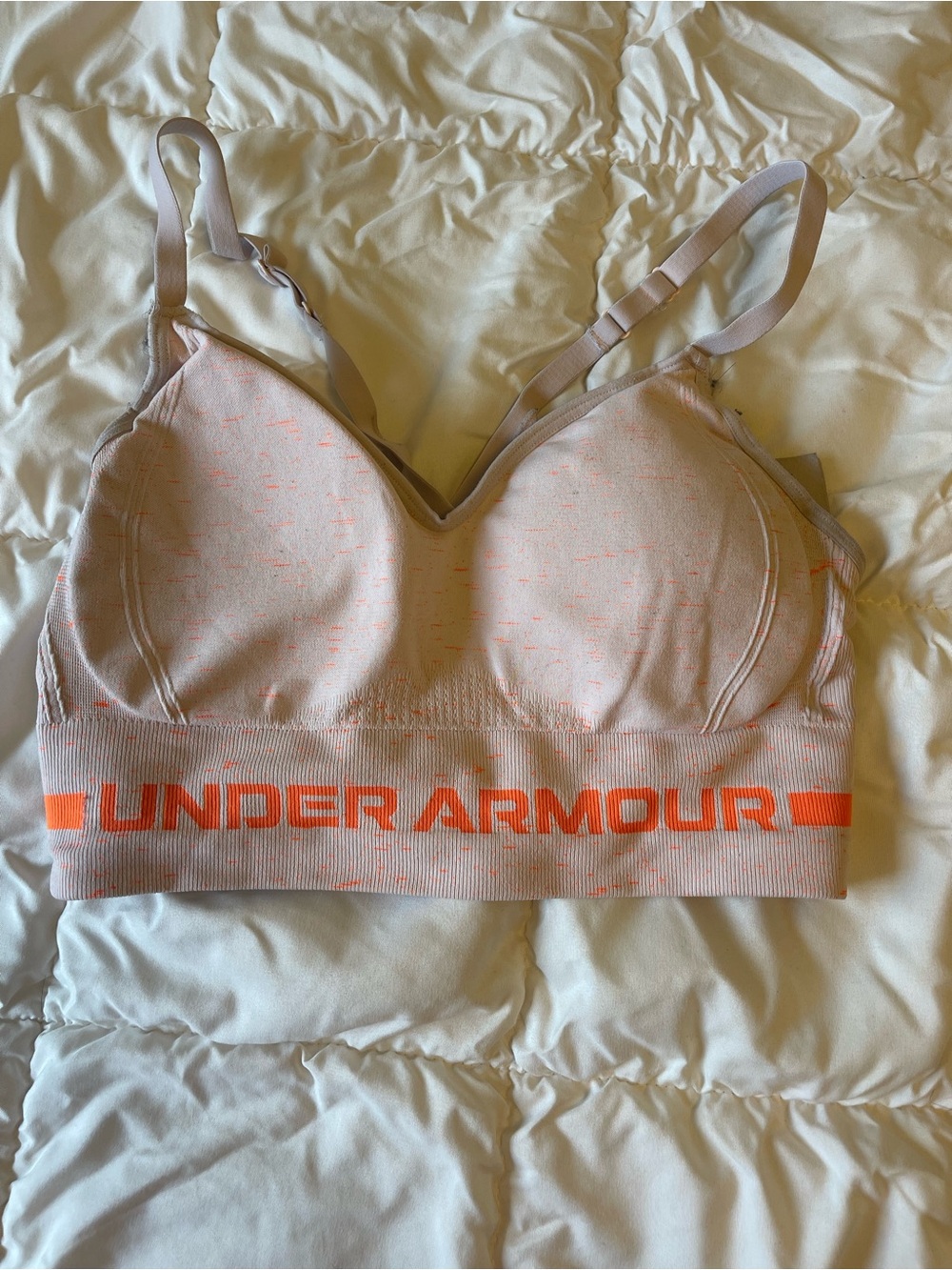 Under Armour Pink Seamless Sports Bra with Bright Orange Logo Band